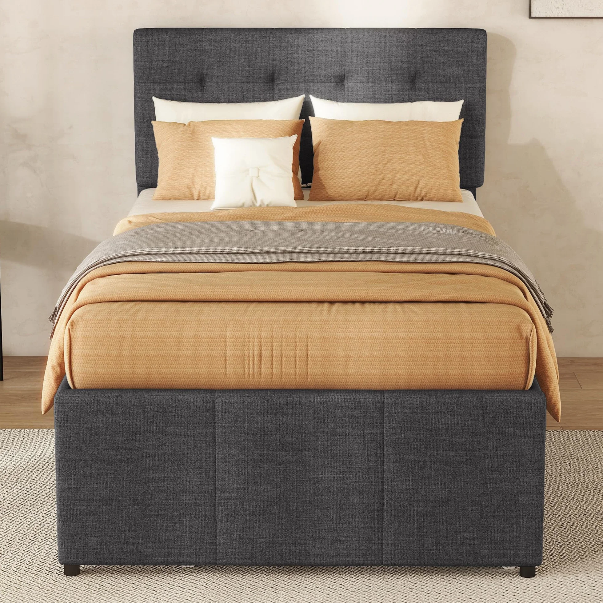 Letto imbottito 90 x 200 cm, letto singolo con 3 cassetti, telaio letto con letto estraibile 90 x 190 cm, testiera regolabile, letto familiare, lino, senza materasso (grigio, 90 x 200 cm)