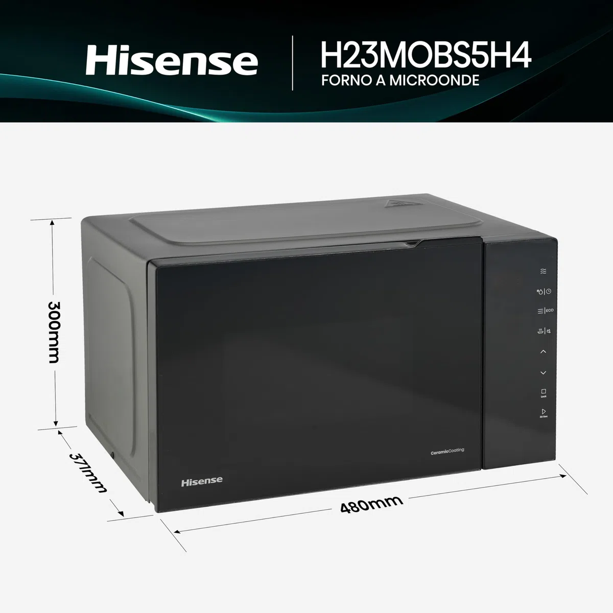 Hisense Microonde H23MOBS5H4, cavità 23L, apertura porta a sinistra, display LED touch, 8 funzioni, 800W