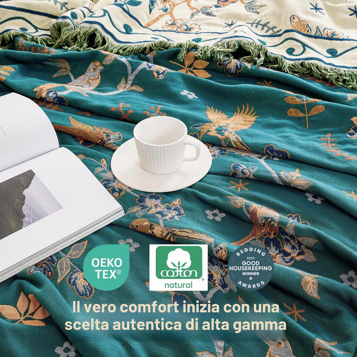 VANJOROY Coperta per Divano e Letto Grande in 100% Cotone Organico con Motivo Floreale di Uccelli - 130x150cm, Coperta Morbida Doppio Lato Stile Bohémien per Poltrona Singola a 2 Posti, Tappeto da
