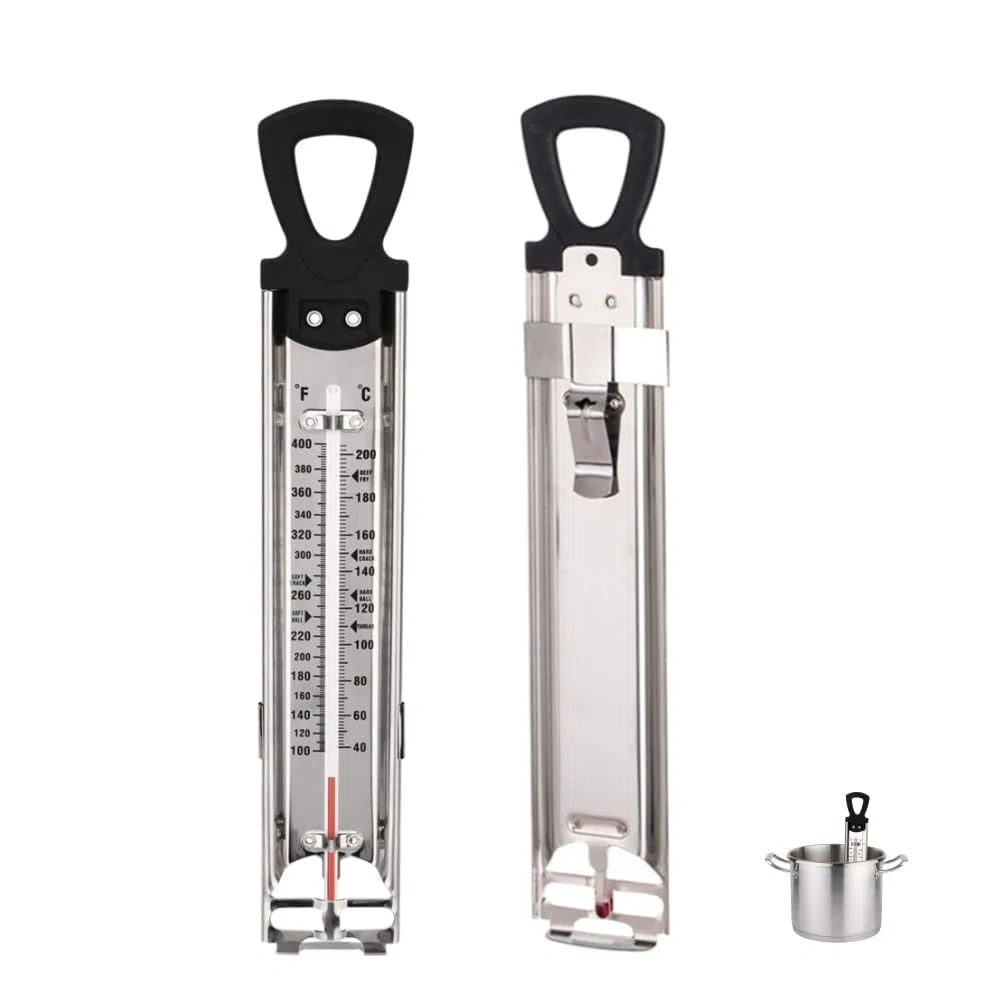 Termometro per caramelle, termometro, marmellata, zucchero, sciroppo, gelatina, con gancio e clip per pentola, in acciaio inox, termometro per alimenti, guida rapida alla temperatura, colore nero