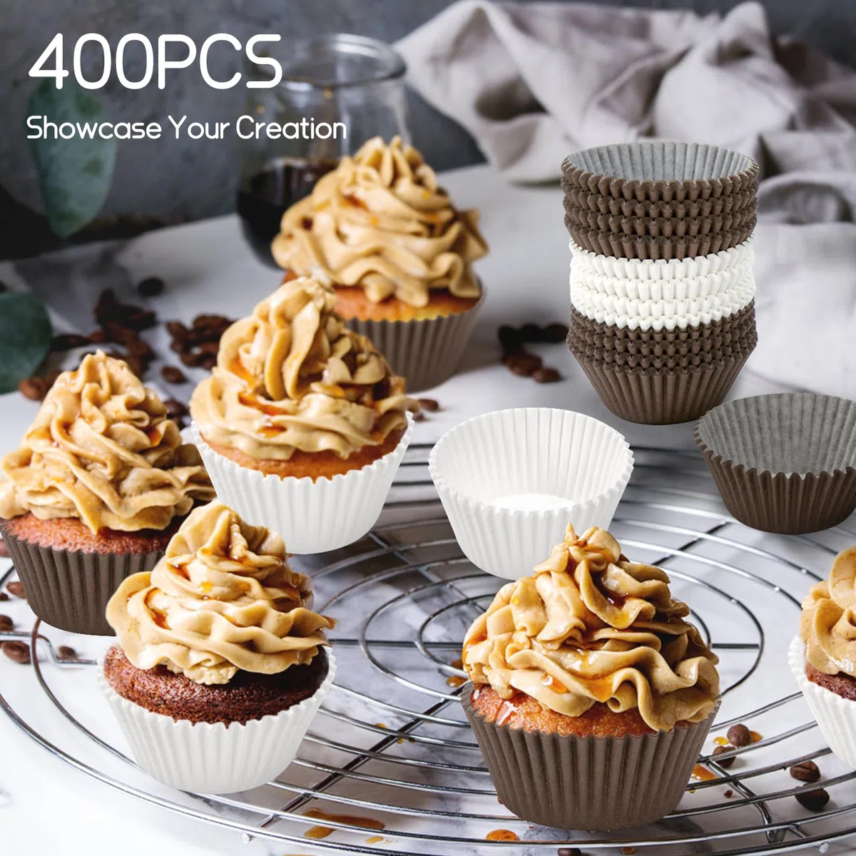 Pirottini di Carta per Cupcake, 400 Pirottini per Muffin Carta, Pirottini da Forno per Pasticcini, Resistenza All'olio, per Muffins Dessert Cioccolatini, Compleanni Feste Matrimoni - Bianco, Marrone