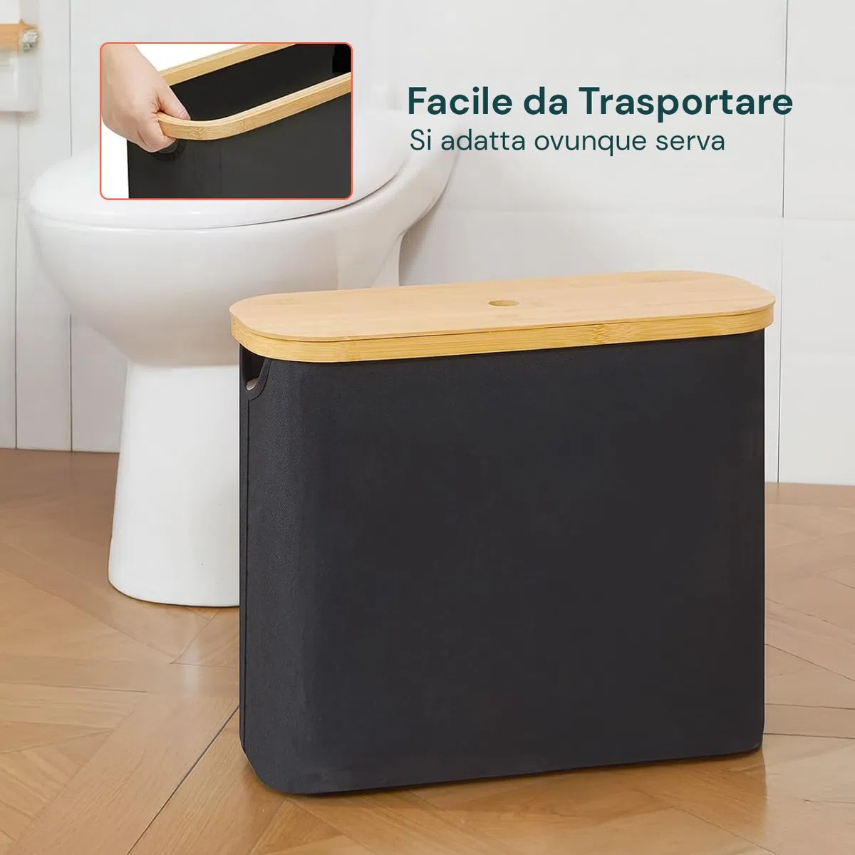 Avilia - Porta Carta Igienica in Tessuto Nero con Coperchio in Bambù Naturale, Design Elegante e Compatto per Accessori Bagno, Facile da Spostare e da Pulire, Capienza fino a 12 Rotoli