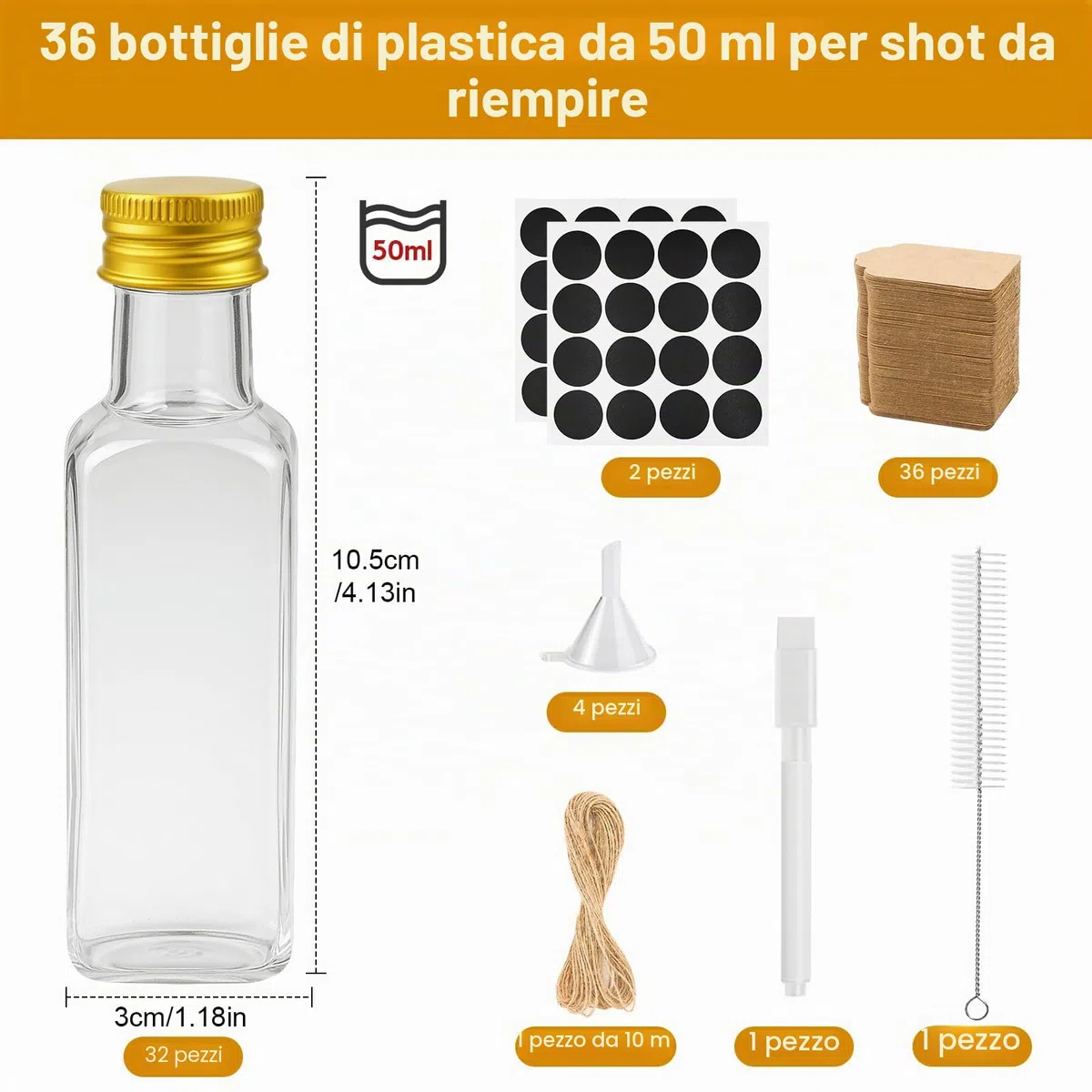 36 Pezzi Mini Bottiglie Per Liquore, 50ml Bottigliette Liquore Mignon, Riutilizzabili Bottiglie Vuote di Plastica con Tappi a Vite, Etichette, Spago e Imbuto per Zenzero, Succo, Bevande