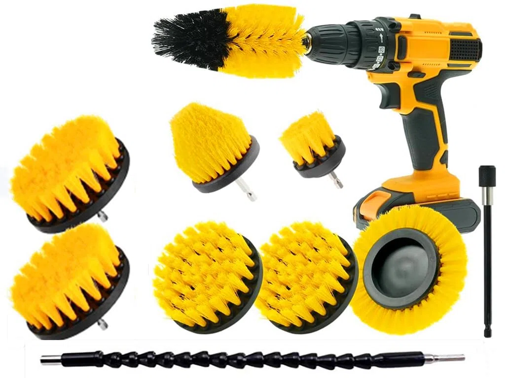 HUAWELL Spazzola per trapano Power Scrubber con 2 set di accessori estesi per malta, pavimento, vasca, doccia, piastrelle, bagno e cucina (giallo)