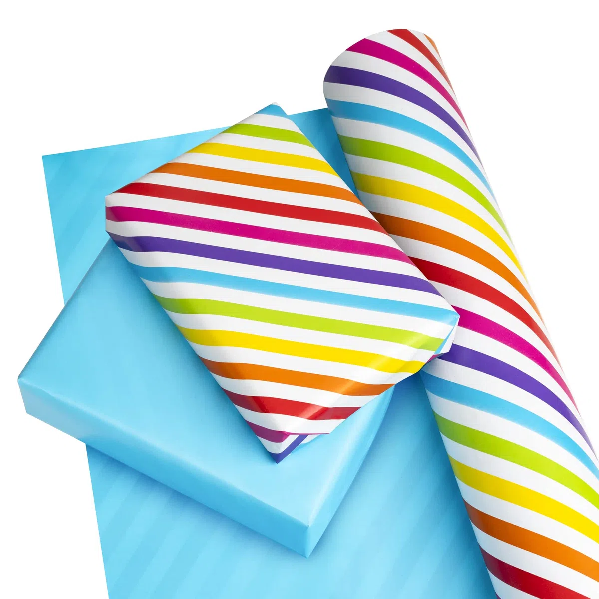 RUSPEPA Carta Da Regalo Reversibile - Mini Rotolo - 43,2 Cm X 10 M - Strisce Arcobaleno E Design Blu Solido Per Compleanni, Festeggiamenti, Baby Shower