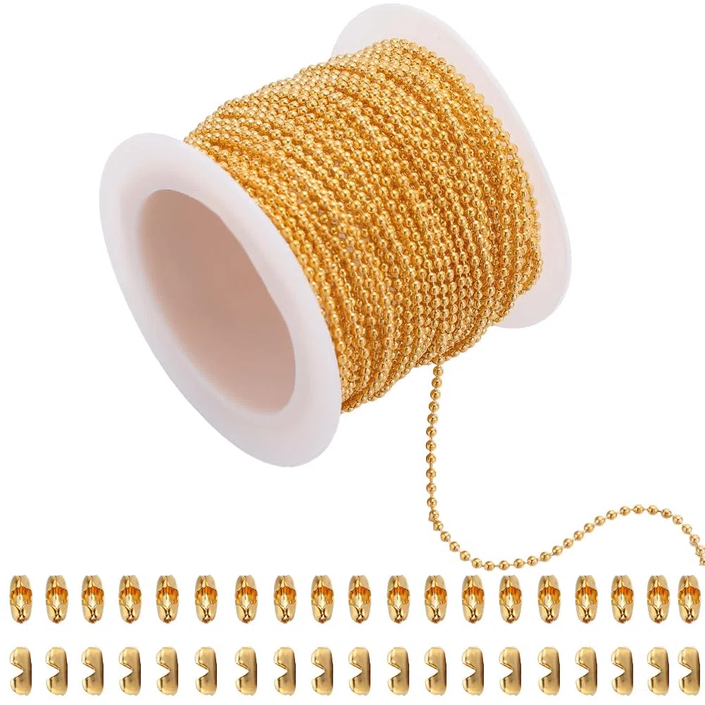 SUNNYCLUE 50 pz 33 piedi/10 m 1.5mm Catene per Targhette per Cani Catena con Perline A Sfera Dorata Rotolo Sfuso In Metallo Ottone Dorato Estensione con Linguetta Dorata Connettori Abbinati con Fermag