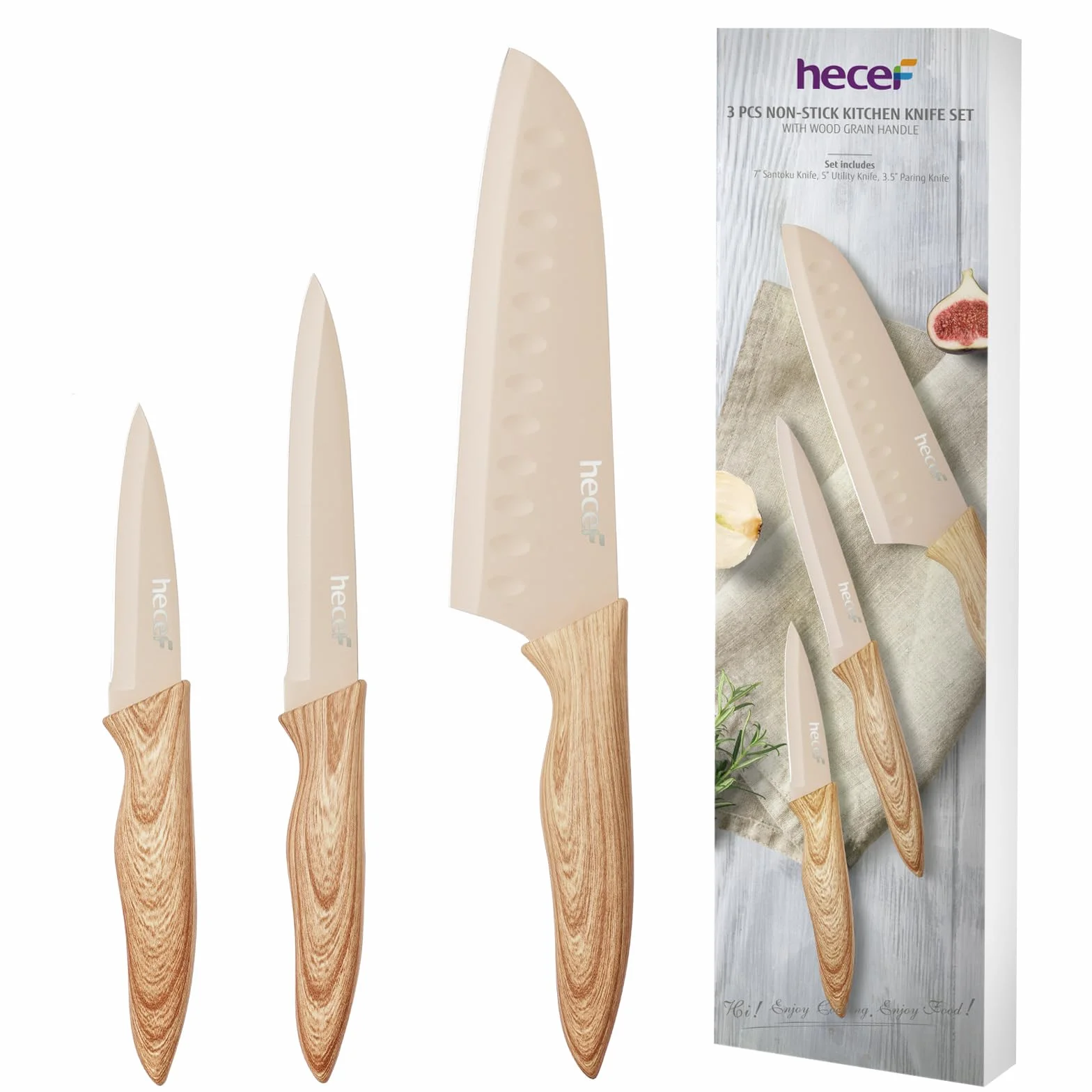 hecef Coltelli da Cucina 3 Pezzi, Acciaio Inox, Impugnatura Soft-Touch – Set Coltello Santoku, Multiuso e Spelucchino, Ultra Affilati, Professionali, Facili da Pulire