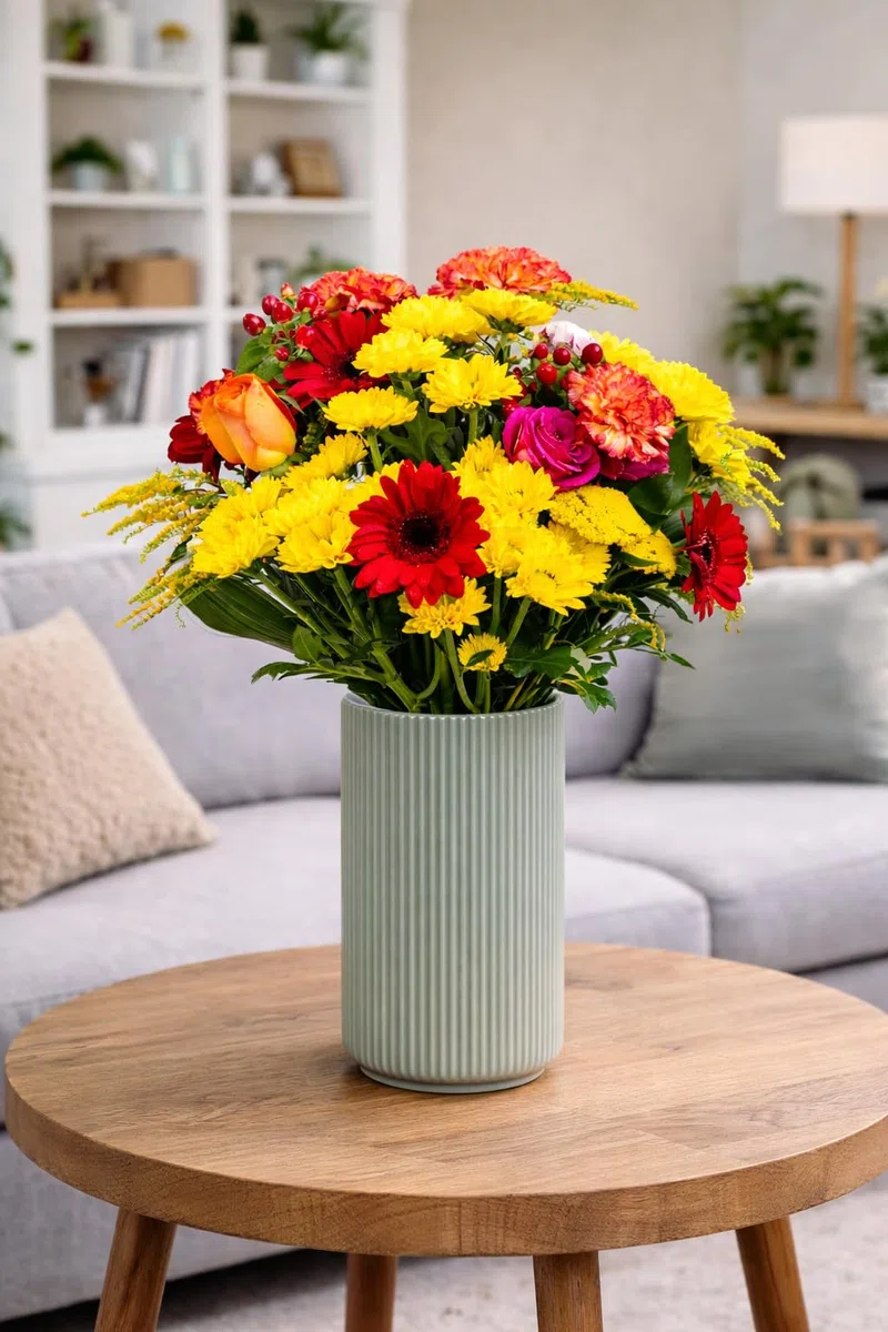 eFiori - Consegna a MANO da un FIORISTA Fiori Freschi a domicilio, Mazzo di Fiori VERI tonalità calde + Verde decorativo. DEDICA INCLUSA -> Opzione regalo