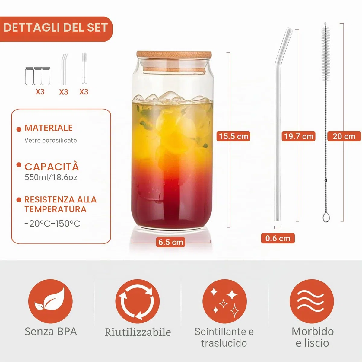KITDAHOM 3 Bicchieri in Vetro con Cannuccia - Bicchiere con Cannuccia, 550 ml, Coperchio in Bambù, Canna e Spazzola, Vetro Borosilicato, per Caffè Freddo, Cocktail e Whisky