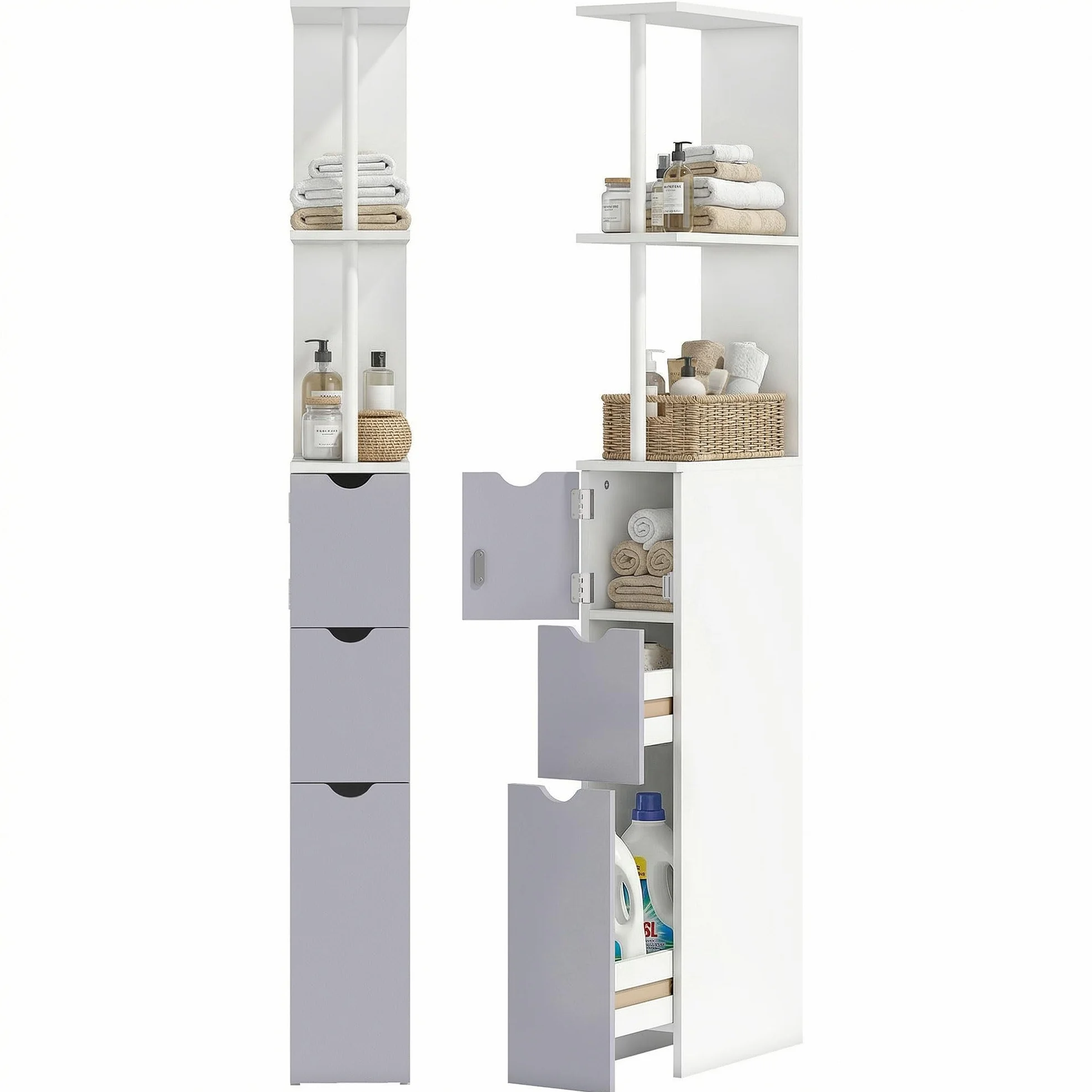 HOMCOM Colonna Bagno, Mobile Bagno Salvaspazio in Legno, Mobiletto con Armadietto, Ripiani e Cassetti, 15x33x136.8 cm, Grigio Chiaro