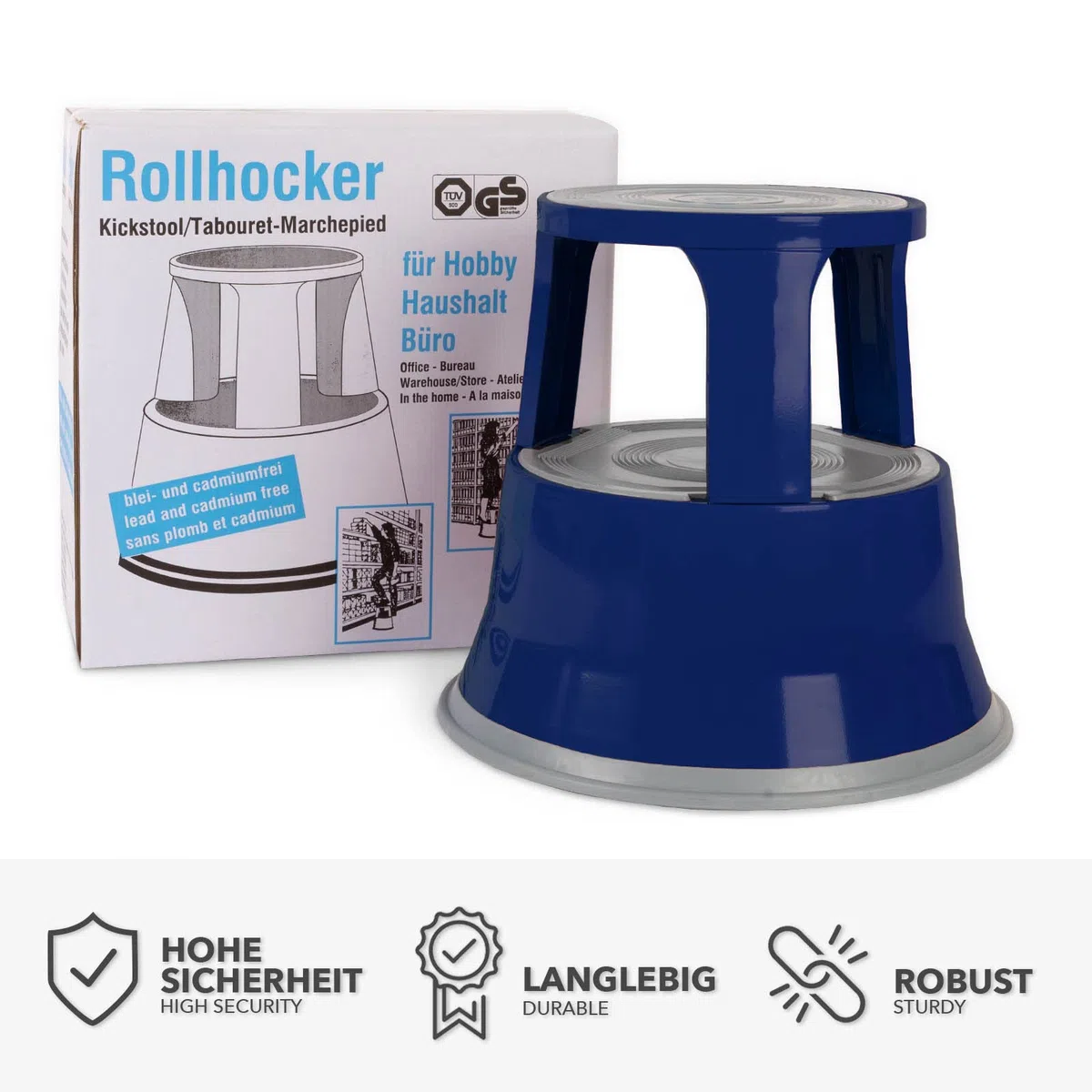 Floordirekt Sgabello a rotelle, poggiapiedi, elefante, in acciaio fino a 150 kg, per ufficio o commerciale, certificato TÜV + GS (blu, metallo)