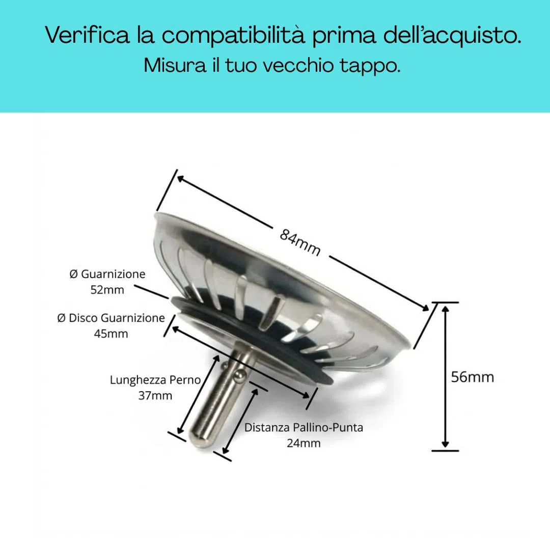RYELDOM - Tappo per lavello cucina Franke, diametro 84 mm, ricambio con perno centrale, guarnizione 52 mm, non universale, verifica compatibilità prima dell’acquisto