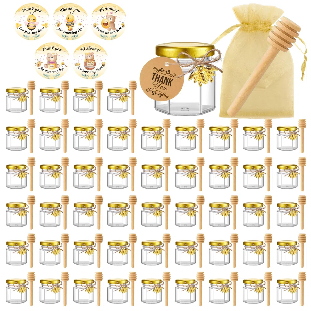 Luna & Dina Set di 50 mini vasetti di miele in vetro con coperchio dorato, cucchiaino per miele, ape, etichetta, spago, sacchetto in organza, adesivi, regalo per gli ospiti di nozze (Premium)