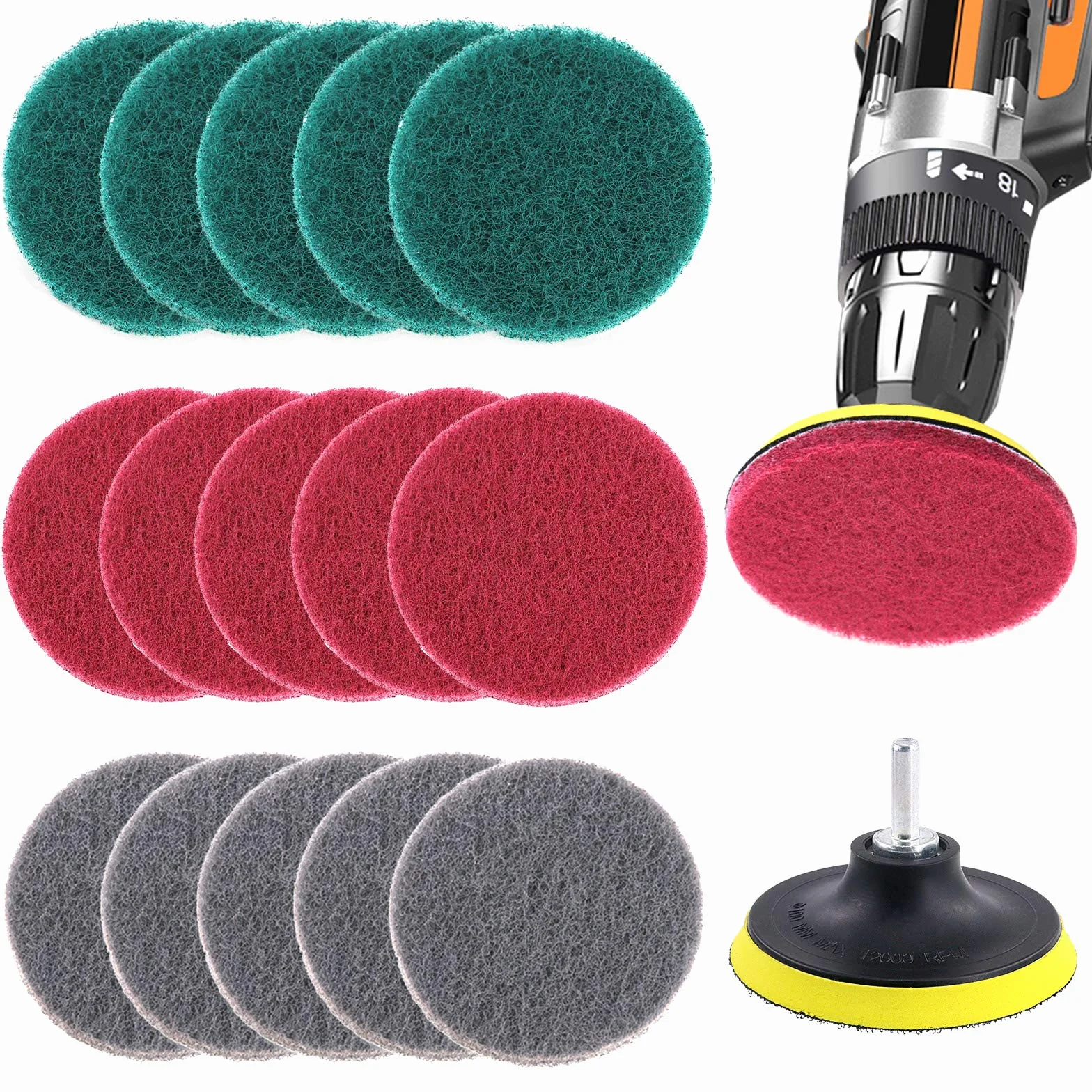 Glarks - Kit di 16 panni abrasivi per trapano, 10,2 cm, con supporto per dischi da 10,2 cm, per la pulizia di bagno e cucina, 3 diverse durezze (rosso, grigio, verde)
