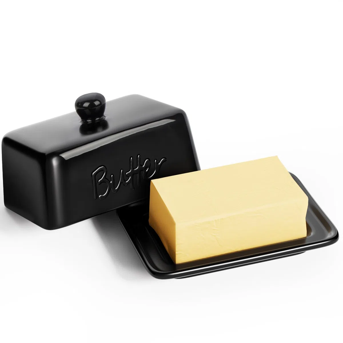 Portaburro in Ceramica con Coperchio, Contenitore Burro da 500g e 250g, Burriera da Frigo Grande, Porta Burro in Porcellana Lavabile in Lavastoviglie, Design Moderno Cucina, Nero