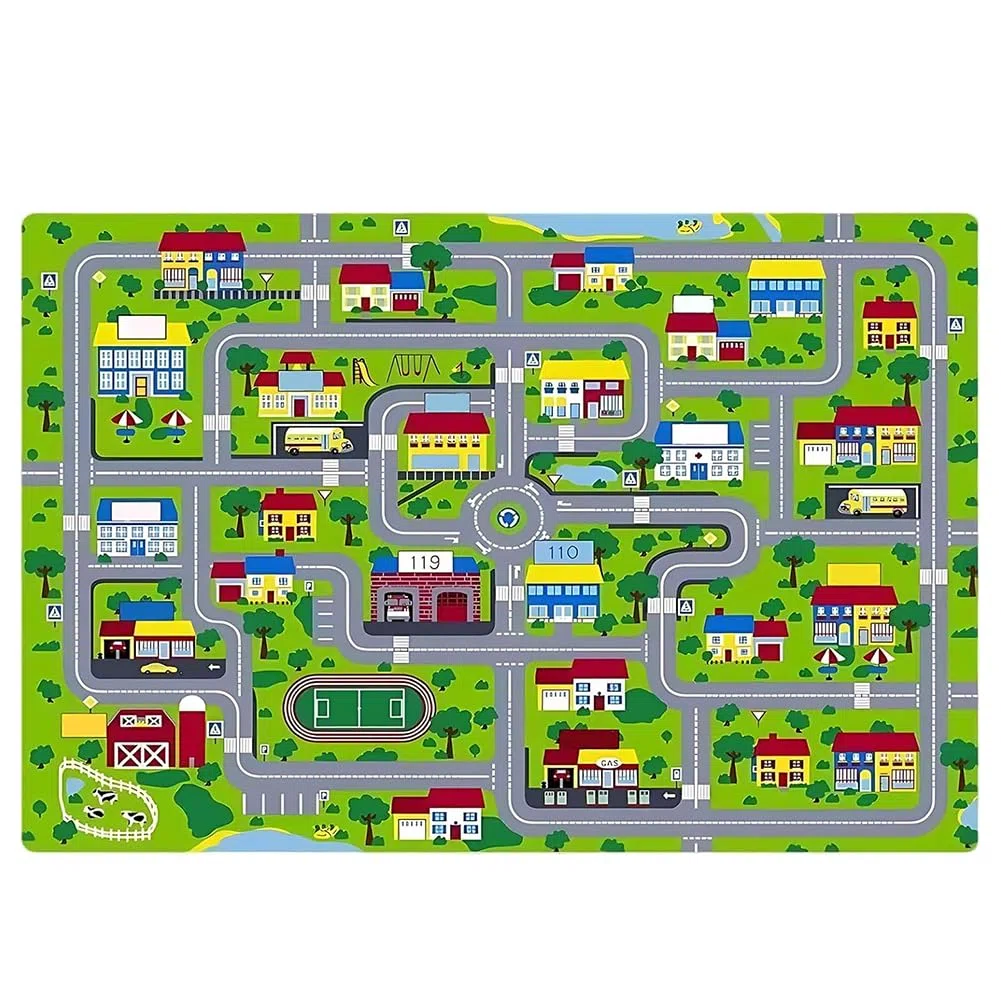 Tappeto con Tracciato Stradale Cartoon, Tappeto Mappa Città, Carpet in Fibra di Poliestere,Carpet Decorativo Antiscivolo e Lavabile per Ambienti Domestici-80x120cm