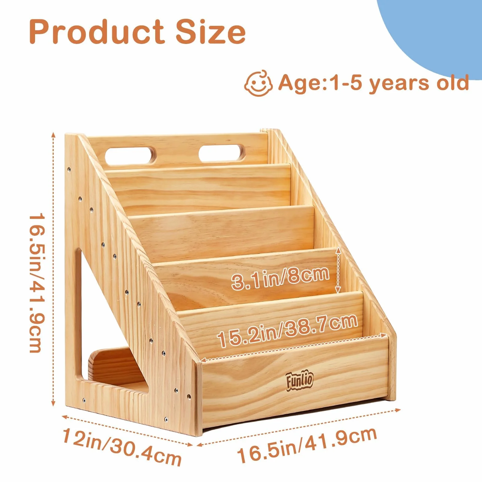 FUNLIO Libreria Montessori per Bambini da 1 a 5 Anni, Libreria Frontale con Maniglia e Dispositivo Antiribaltamento, Libreria in Pino Premium, per Bambini per Aula, Approvato CPC