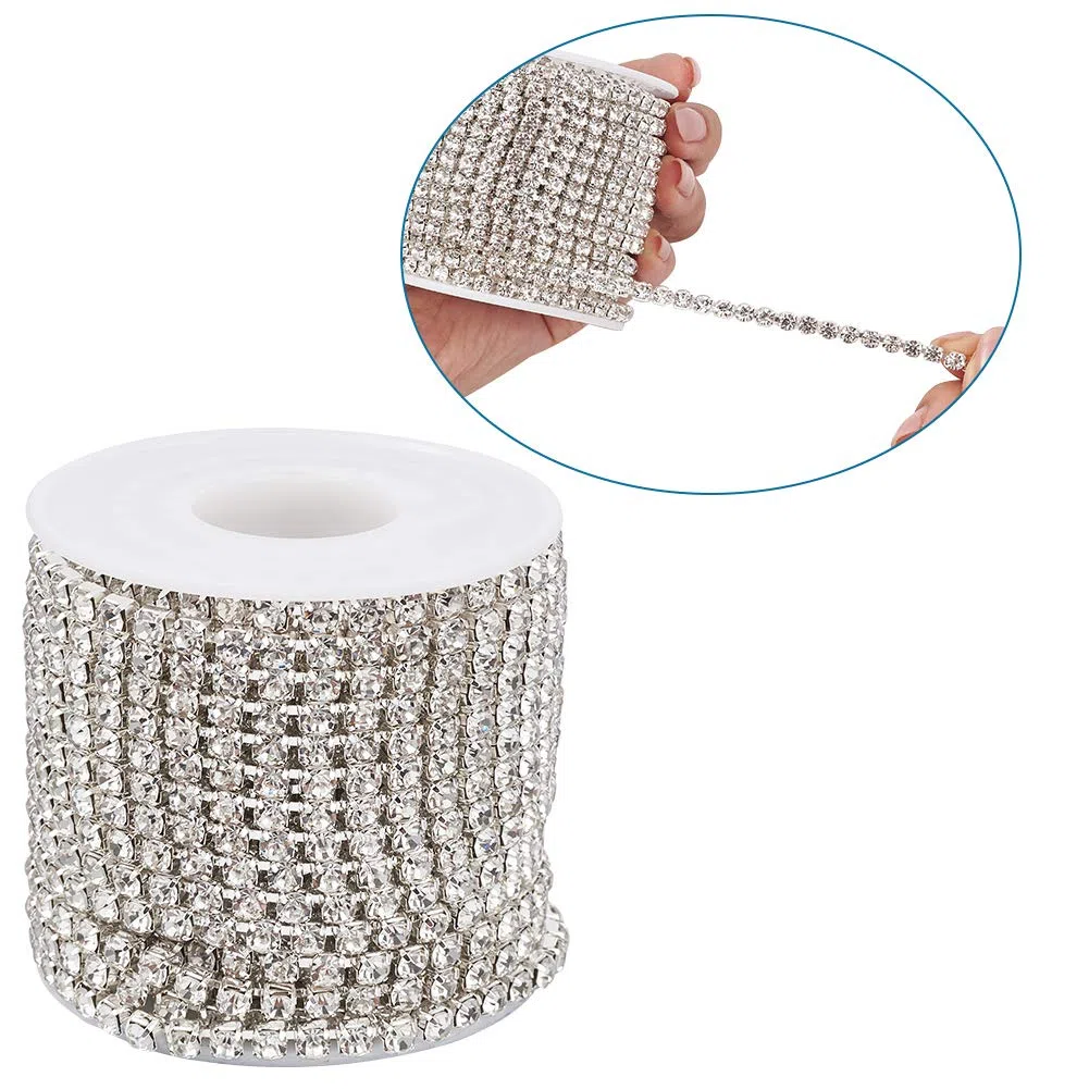 Craftdady 10 Iarde (9,14 m) Catene in Ottone con Strass 4mm Cristallo Trasparente Rifinitura Catena a Griffe per Cucito Frangia Creazione Gioielli Diamante, Fondo Argento