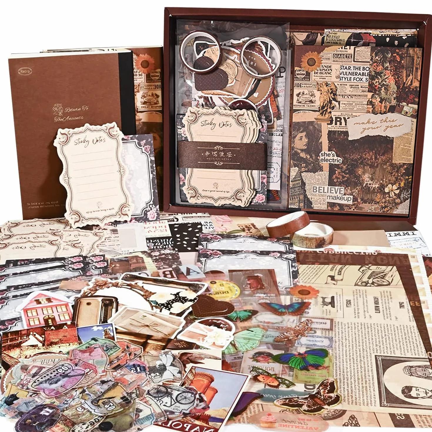 136 Pezzi Set di Accessori per Scrapbook Estetico, Bullet Journal Materiale Vintage, Kit Completo Journaling con Taccuino A6, Adesivi Scrapbooking per Album Diario