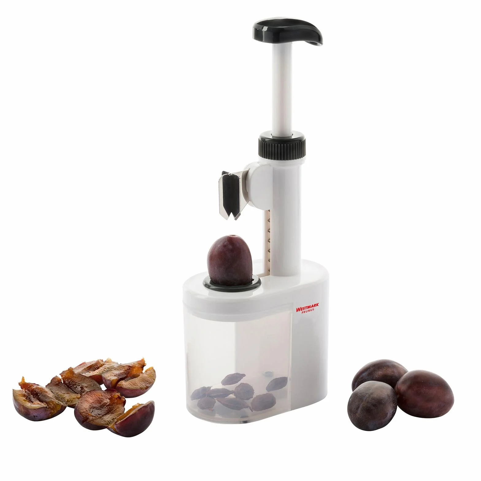 Westmark Denocciolatore per prugne, Per prugne pronte all'uso in cucina, Altezza: 26,5 cm, Plastica/Lame in acciaio inox, Prunus, Bianco/Antracite, 40232260