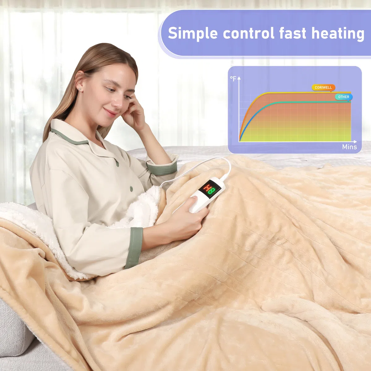 Coperta elettrica con spegnimento automatico, 150 x 180 cm, 10 livelli di riscaldamento, 8 ore, timer autooff, protezione da surriscaldamento, coperta in flanella, lavabile in lavatrice