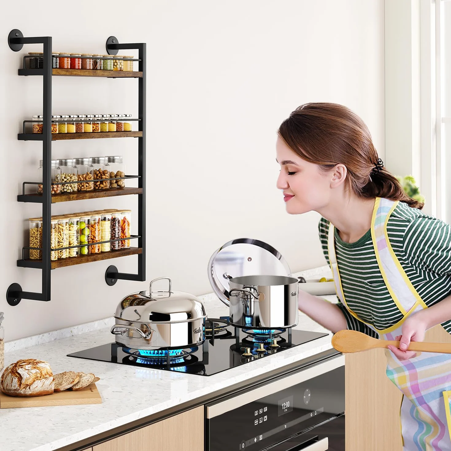 IBUYKE LJ016H - Portaspezie da parete, 4 ripiani, grande organizer per spezie fino a 50 bicchieri, in legno, per cucina, porta armadio, bagno, dispensa, marrone