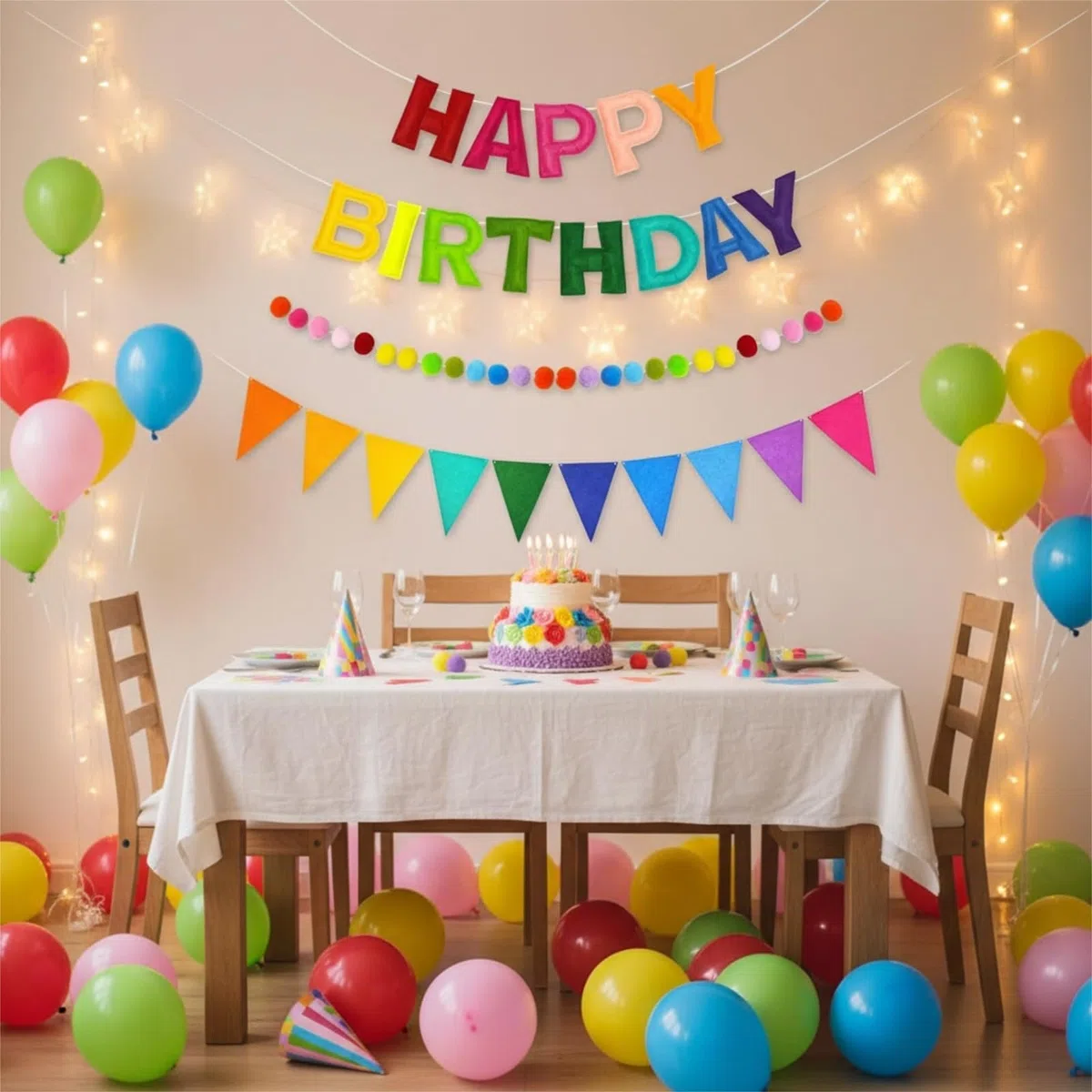 Happy Birthday Banner, Riutilizzabile Banderole Buon Compleanno, Arcobaleno Catena di Gagliardetti con Lettere e Palle di Feltro, Ghirlanda Preassemblata Decorazioni per Festa di Compleanno