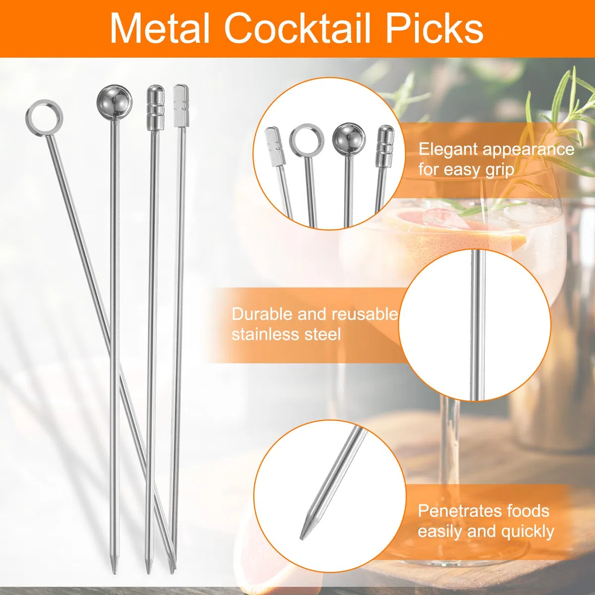 QUARKZMAN 20pz Inox Acciaio Stuzzicadenti 4,25" Metallo Stuzzicadenti Stecchini Frutta Stecchini Riutilizzabili Lunghi Stuzzicadenti Spiedini Cocktail per Festa Bevande Argento Quadrato