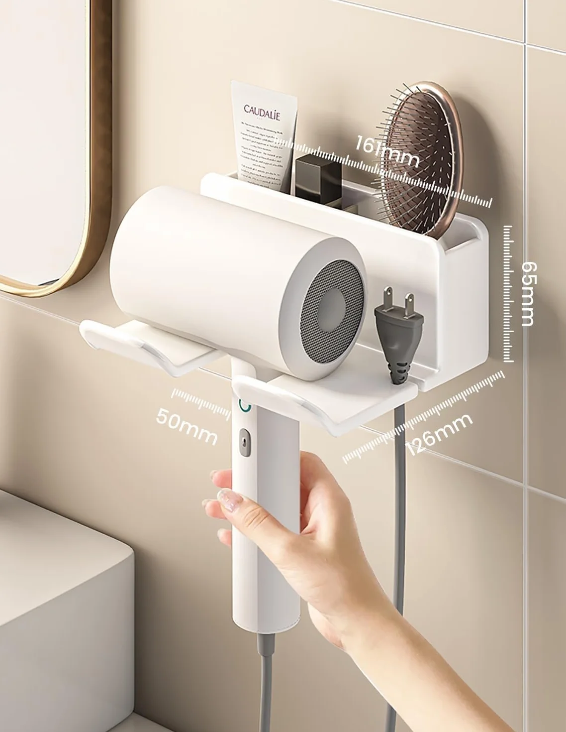 Porta Phone Bagno da Muro Adesivo, Porta Asciugacapelli, Supporto per Asciugacapelli per Bagno 2 Scomparti e Portacavi (16*6.5*12.6CM)