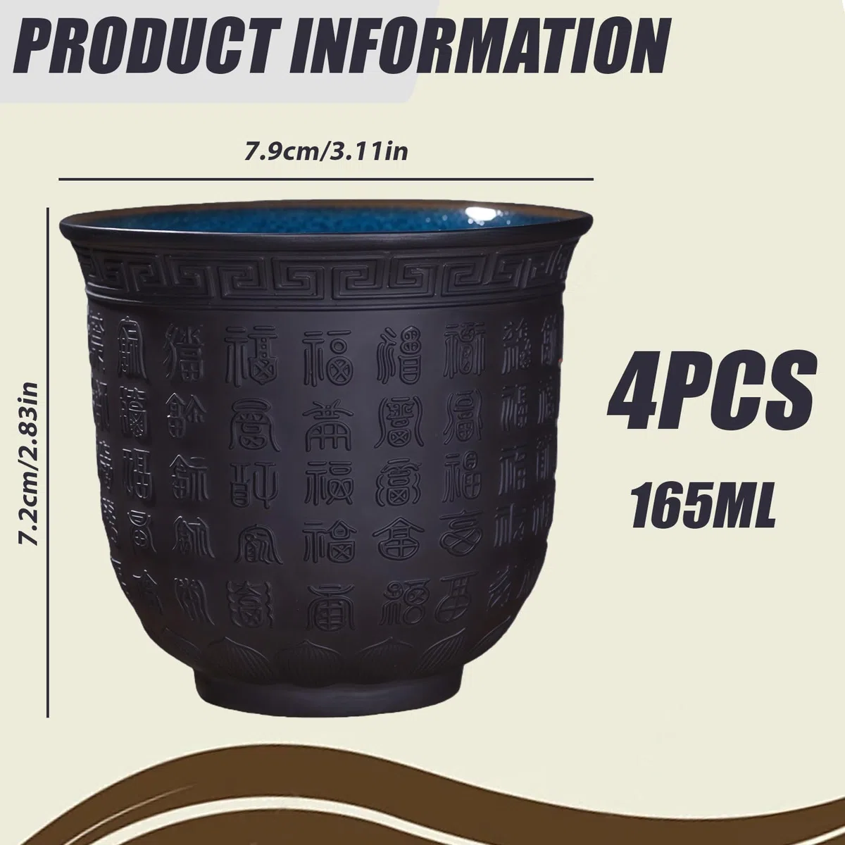 PORFOYO Set Di 4 Tazze Da Tè Giapponesi: Set Di Tazze Da Tè in Ceramica Smaltate a Mano Tazzas in Rilievo Testo Di Buona Fortuna Tazze Da Tè Senza Manici Asiatiche per Ufficio, Casa, Regali