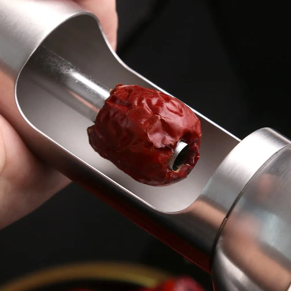 BESTonZON Snocciolatore per ciliegie, in acciaio inox, manuale, per rimuovere rapidamente le pietre di frutta, colore: argento