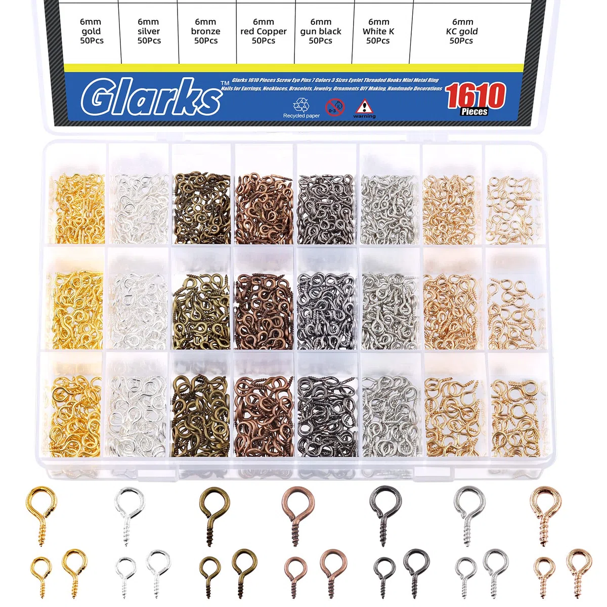 Glarks 1610Pcs 7 colori Vite Eye Pins Ganci Filettati Eye Pin Peg Mini Metallo Anello Chiodi Ganci Vite per Gioielli, Orecchini, Collane, Bracciali FAI DA TE 3 Dimensioni da 4x8 mm, 5x10 mm, 6x13 mm
