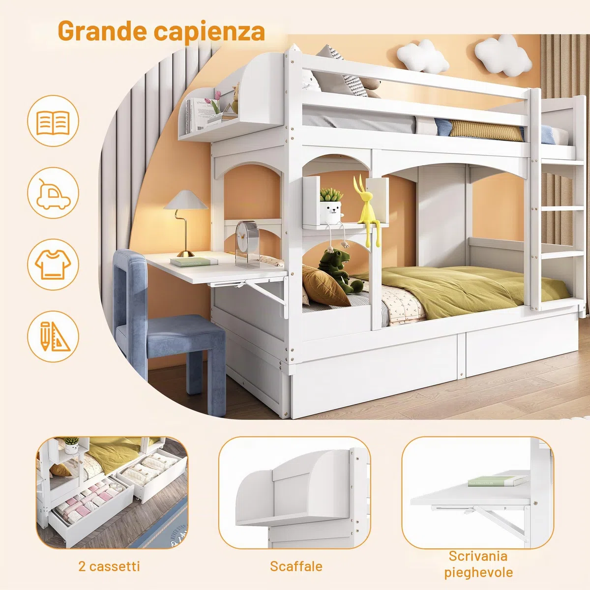 Letto a castello per bambini, 90 x 200 cm, letto matrimoniale, con scrivania pieghevole e mensola, con scala e 2 cassetti, senza materasso, legno massello, bianco