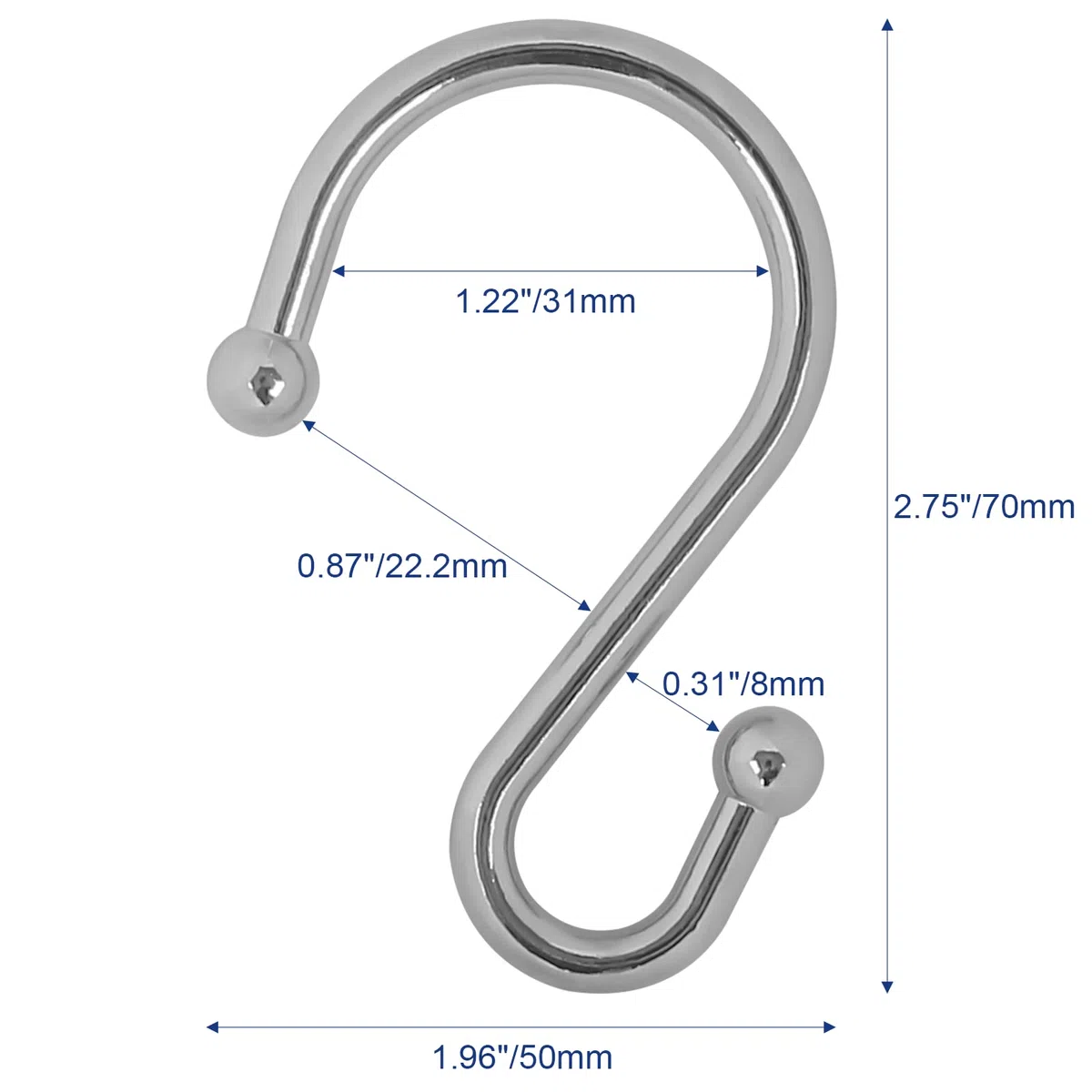 Metal Shower Curtain Hooks, Set of 12, Rust Proof Shower Curtain Hooks Rings, Durable S Shaped Hooks Hangers for Shower Curtains, Kitchen Utensils, Clothes, Towels (Chrome)