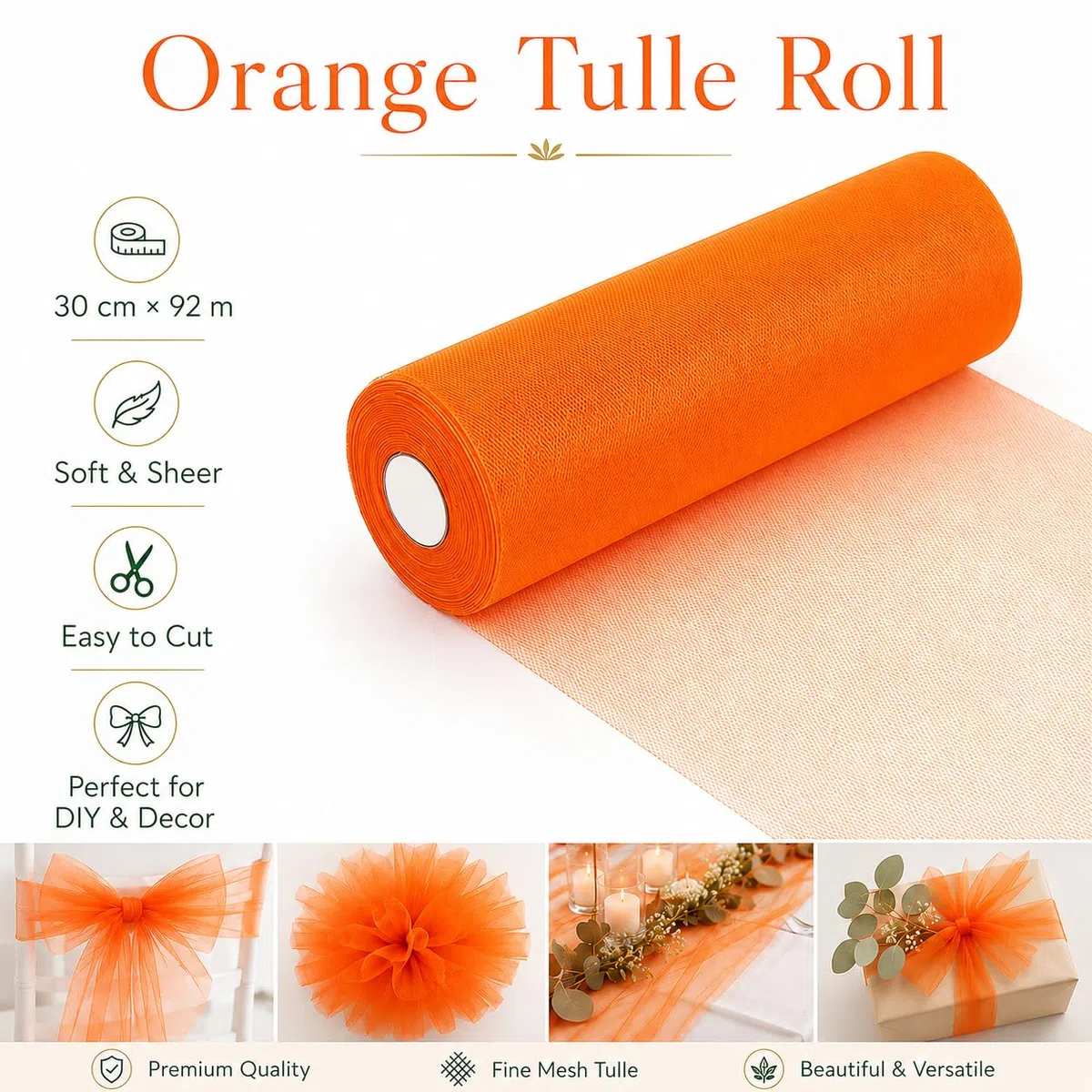 Rotolo di tulle Orangza, 30 cm x 92 m, nastro in tulle, decorazione per matrimoni, tessuti, tulle, tessuto al metro, organza per fai da te, artigianato, pompon, archi, decorazioni per feste (arancione