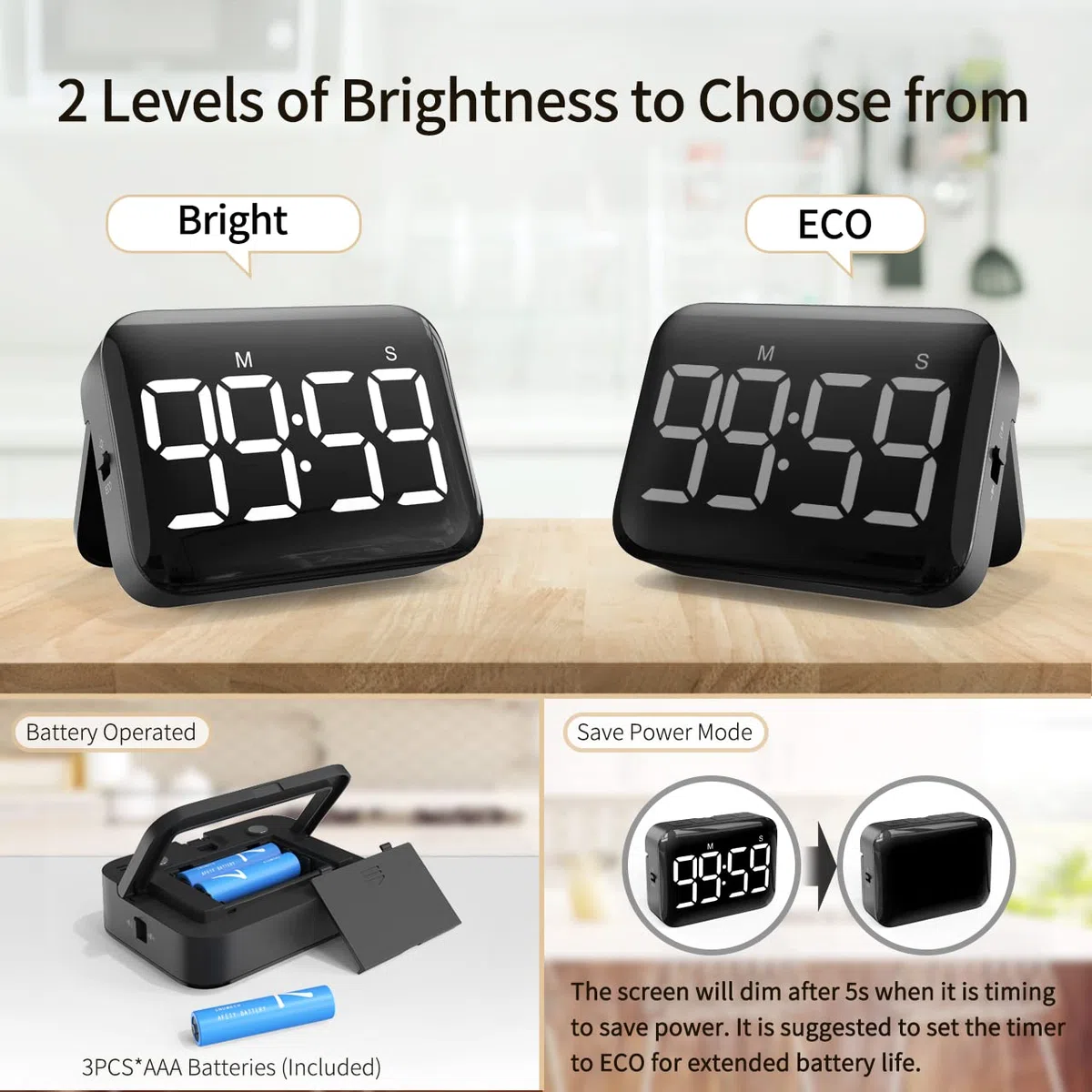 NOKLEAD Digitale Timer da Cucina: cronometro con conto alla rovescia magnetico con ampio display a LED, volume e luminosità regolabili, facile da usare per bambini anziani (batterie incluse) (nero)