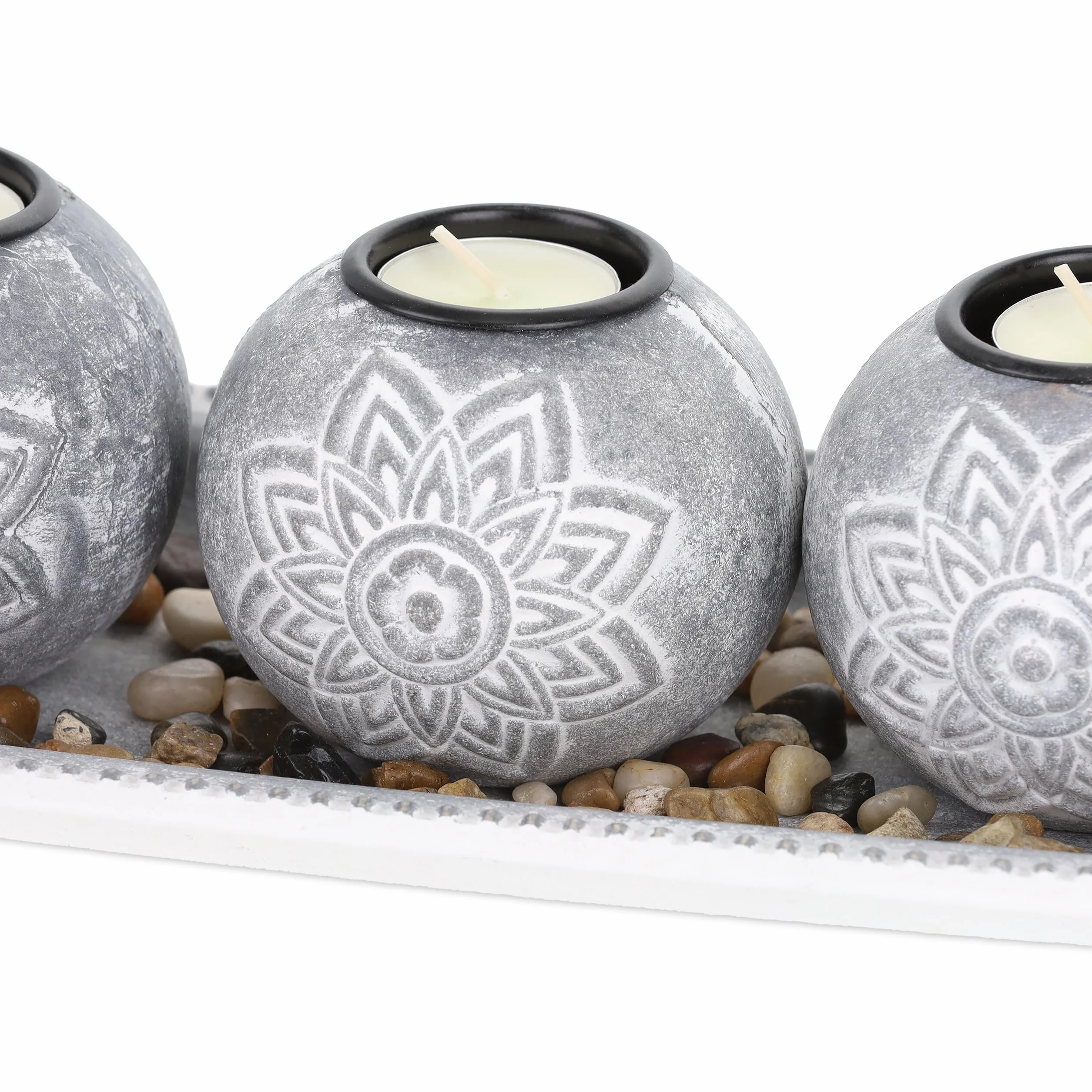 Relaxdays Portacandele Decorativo con Vassoio e Pietre, Lungo 35 cm, Decorazione per Tavolino e Soggiorno, Grigio Bianco