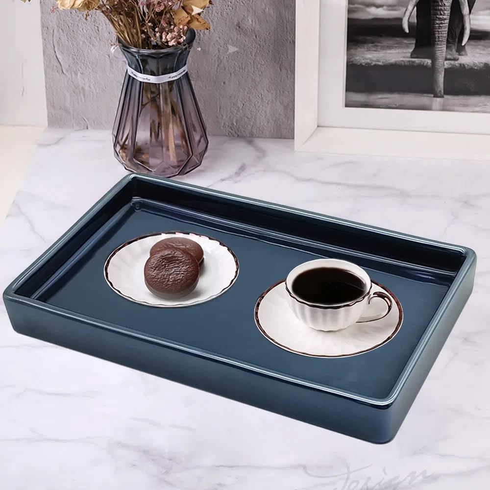 Rettangolo Vassoio da Bagno, Vassoio Portaoggetti in Ceramica, Vassoio Decorativo Bagno, per Ingresso Comò Piatto Portachiavi Anelli Gioielli, 20x10 cm Jazz Blu