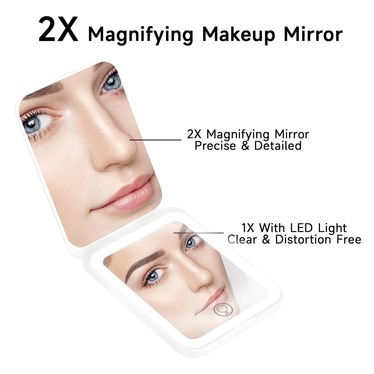 QUMOX Specchio Trucco Compatto Ricaricabile con Luce, Specchio Doppio 1X e 2X Ingrandente, 3 Modalità di Illuminazione, Luminosità Regolabile, Specchio Portatile Pieghevole USB-C da Viaggio