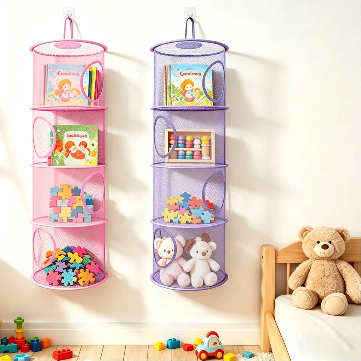 3pcs Organizer Portaoggetti Pieghevole da Appendere a 4 Livelli, Cesto Portaoggetti in Rete, Borsa Organizer per Peluche, Ideale per Cameretta, Bagno e Balcone-Rosa/Viola/Magenta