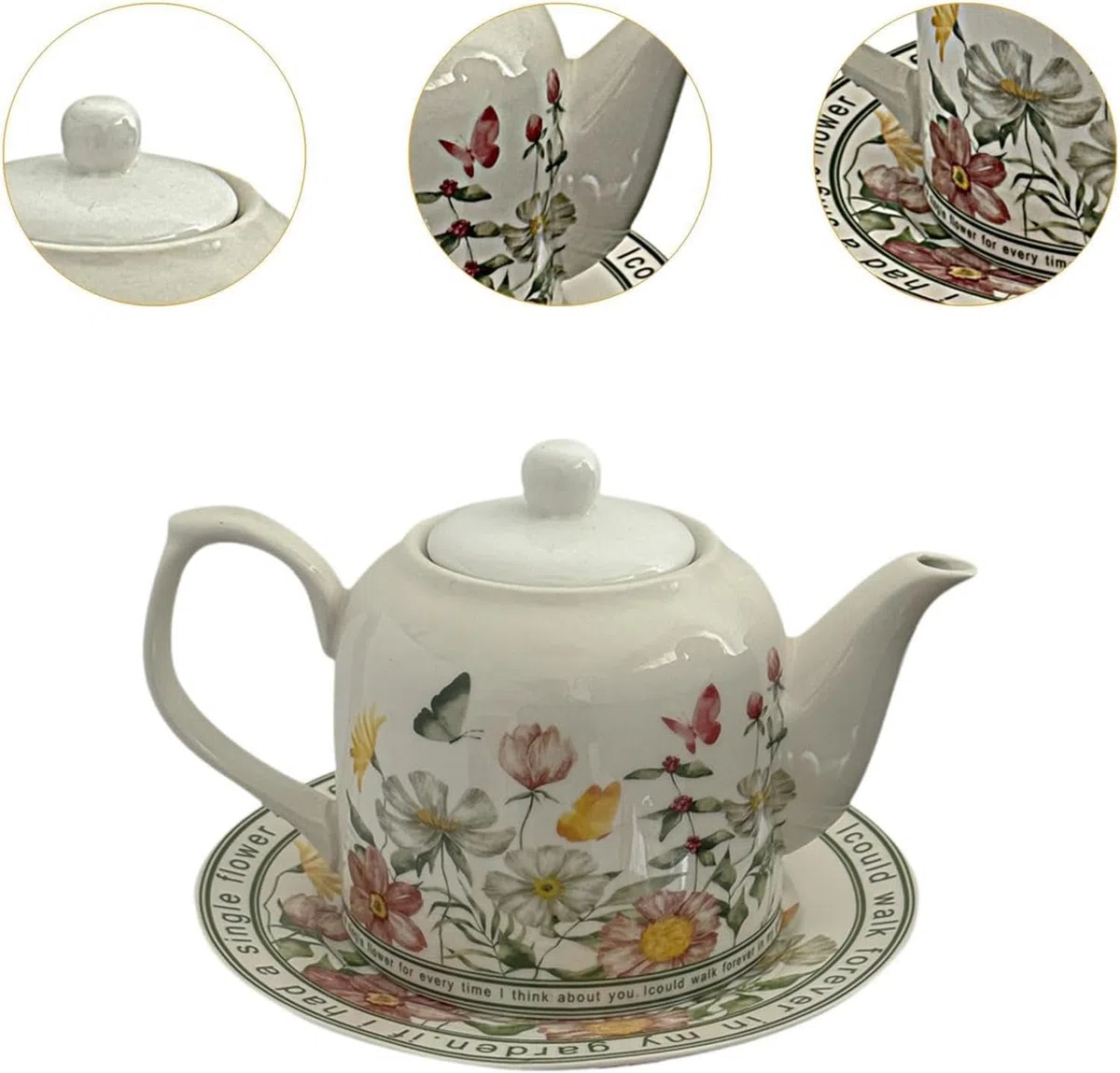 Teiera Floreale con Piattino, Bollitore per Acqua in Porcellana per Tè Pomeridiano, Brocca per Caffè e Latte