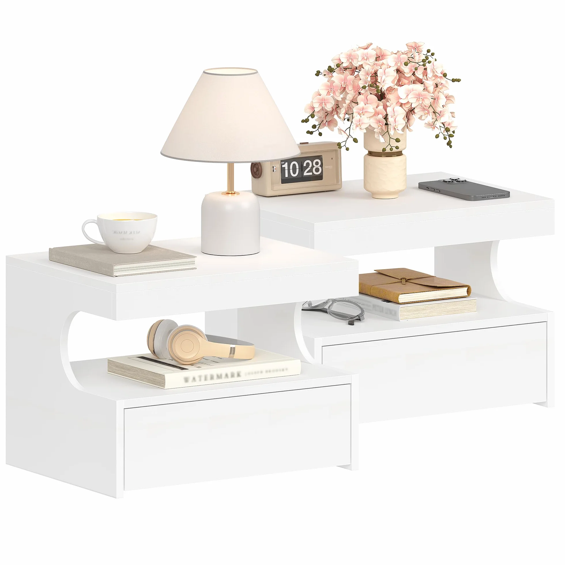 Hzuaneri Comodino Sospeso Set di 2, 1 Cassetto con Guide, Spazio Aperto a Forma di U, Moderno, per Camera da Letto Soggiorno, 30 x 40 x 29,2 cm, Bianco NS50203X