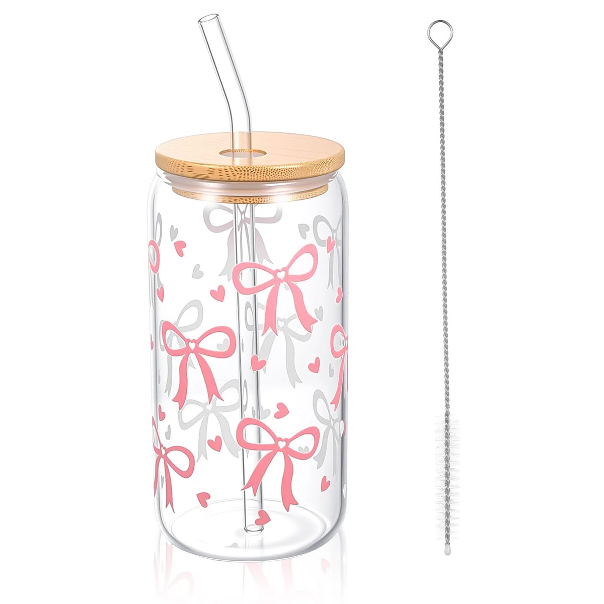Bicchiere con Cannuccia e Coperchio, 16 oz Tazza di vetros, bicchiere vetro con cannuccia, tazza vetro, tazze con fiocco rosa, bicchieri acqua vetro per bubble tea, acqua, cocktail, regali