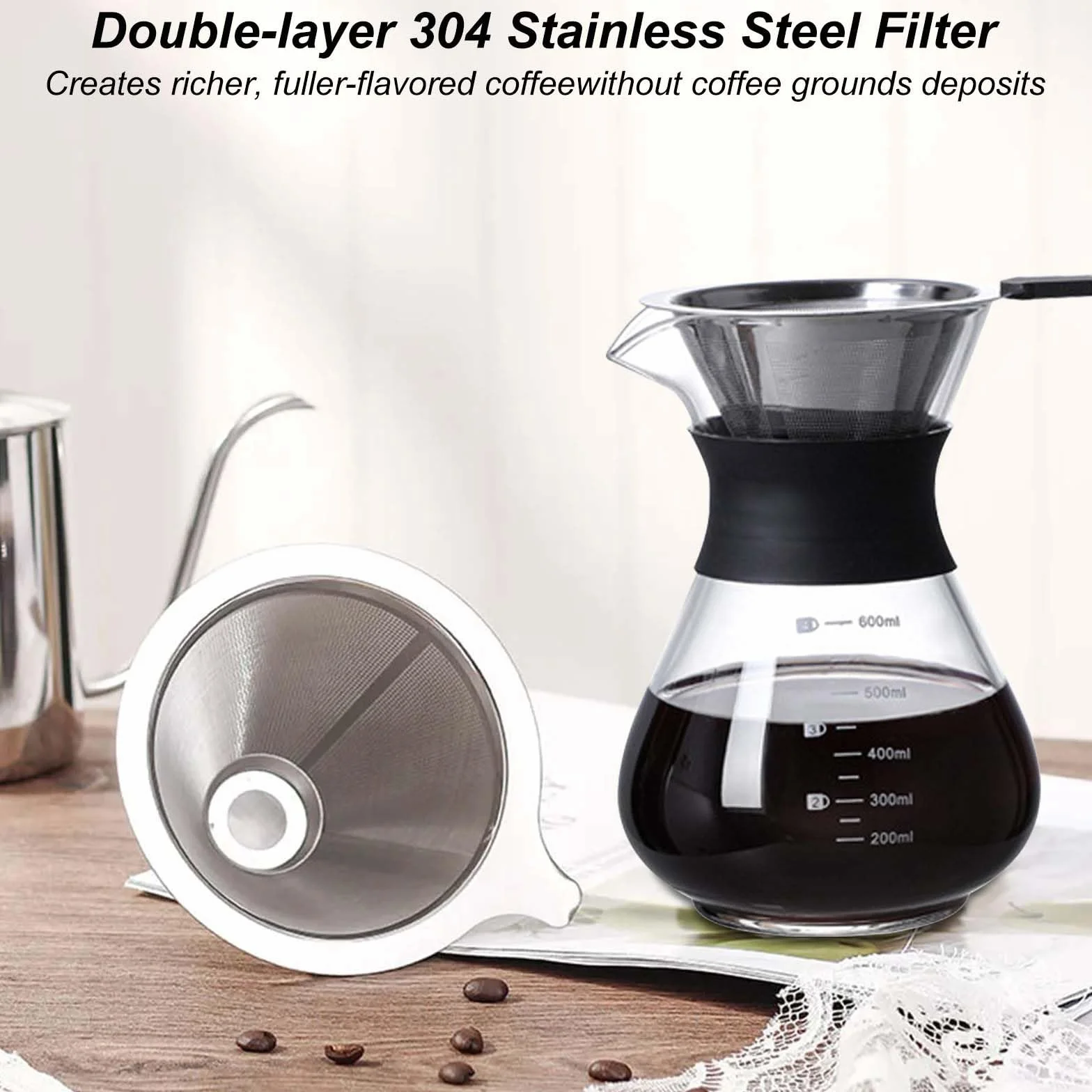 Pour Over - Caffettiera da 600 ml, per caffè con filtro, a mano, in acciaio inox, filtro a mano, in vetro, con filtro permanente, per la casa, il caffetteria, il ristorante e il campeggio, colore nero