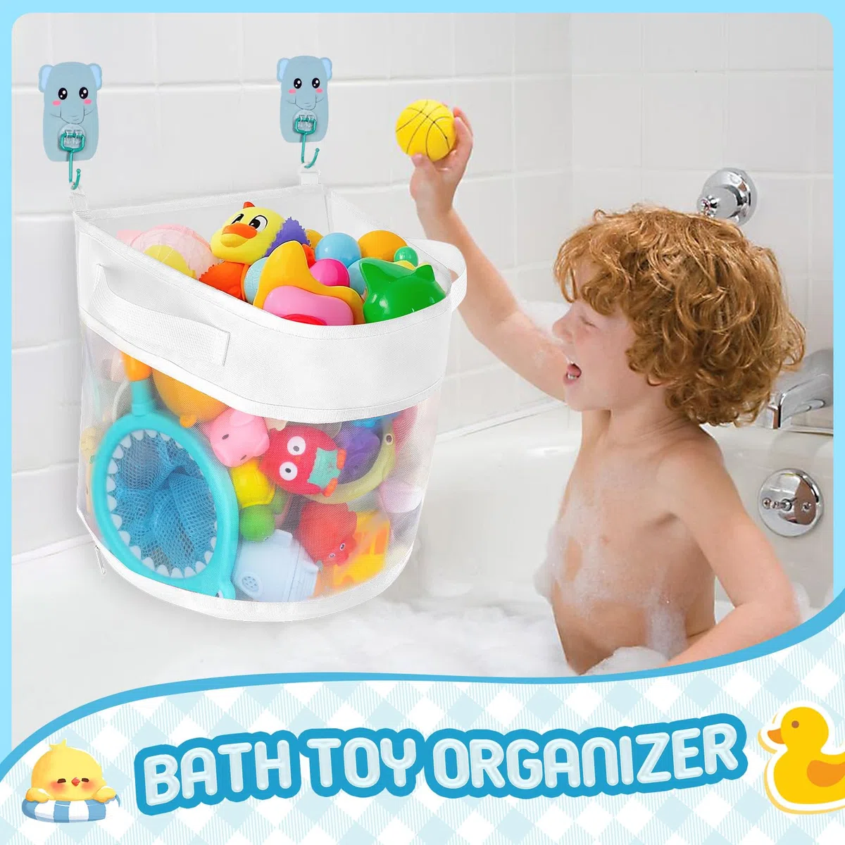 Organizzatore Giocattoli Bagno, Bagnetto Organizzatore Borsa del Giocattolo del Bagno del Bambino Rete Giocattoli per Vasca con 2 Autoadesivi Ganci e Spugna da Bagno