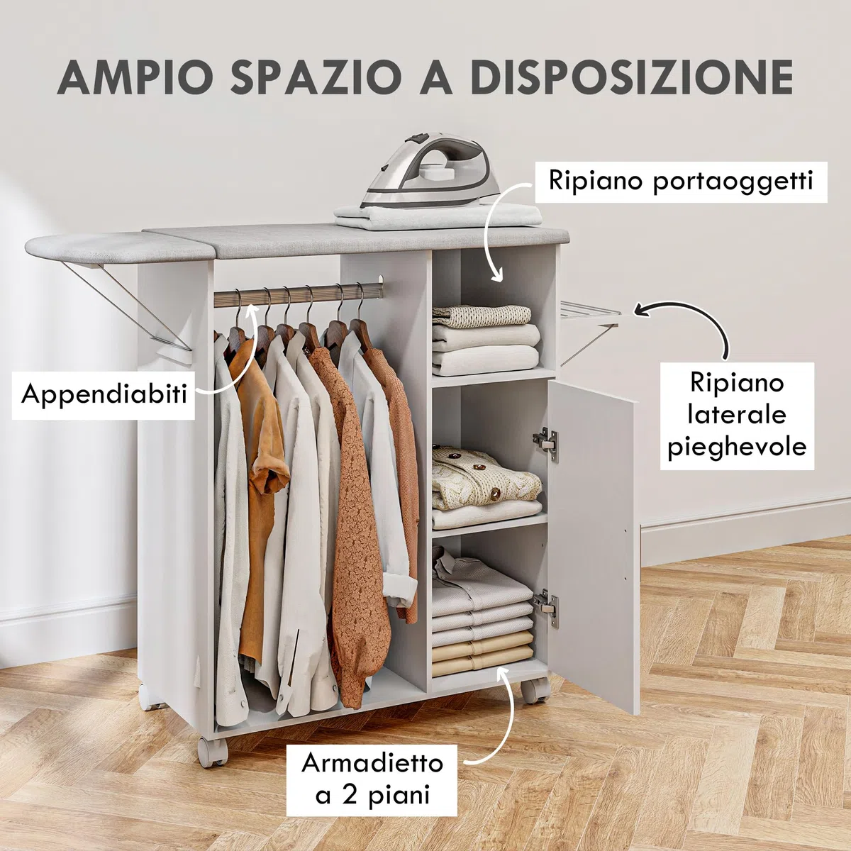 HOMCOM Mobile Asse da Stiro in Truciolato e Spugna con Piano d'Appoggio in Tessuto Effetto Lino, 3 Ripiani a Cubo e Guida per Appendere, per Lavanderia, Bagno, 127x42.5x99 cm, Bianco