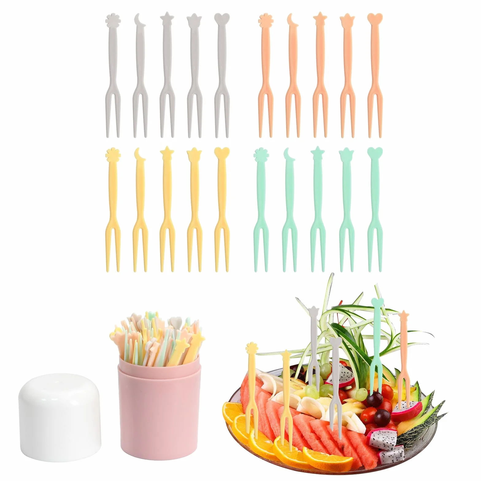 200 Forchettine Da Frutta Bambini, Forchette Bambini 3.1 X 0.31 Pollici, 3 Sacchetti Di Colori Misti, 150 Pezzi In Totale, 1 Bottiglia Di Polvere Di Fiori Di Ciliegio 50 Pezzi
