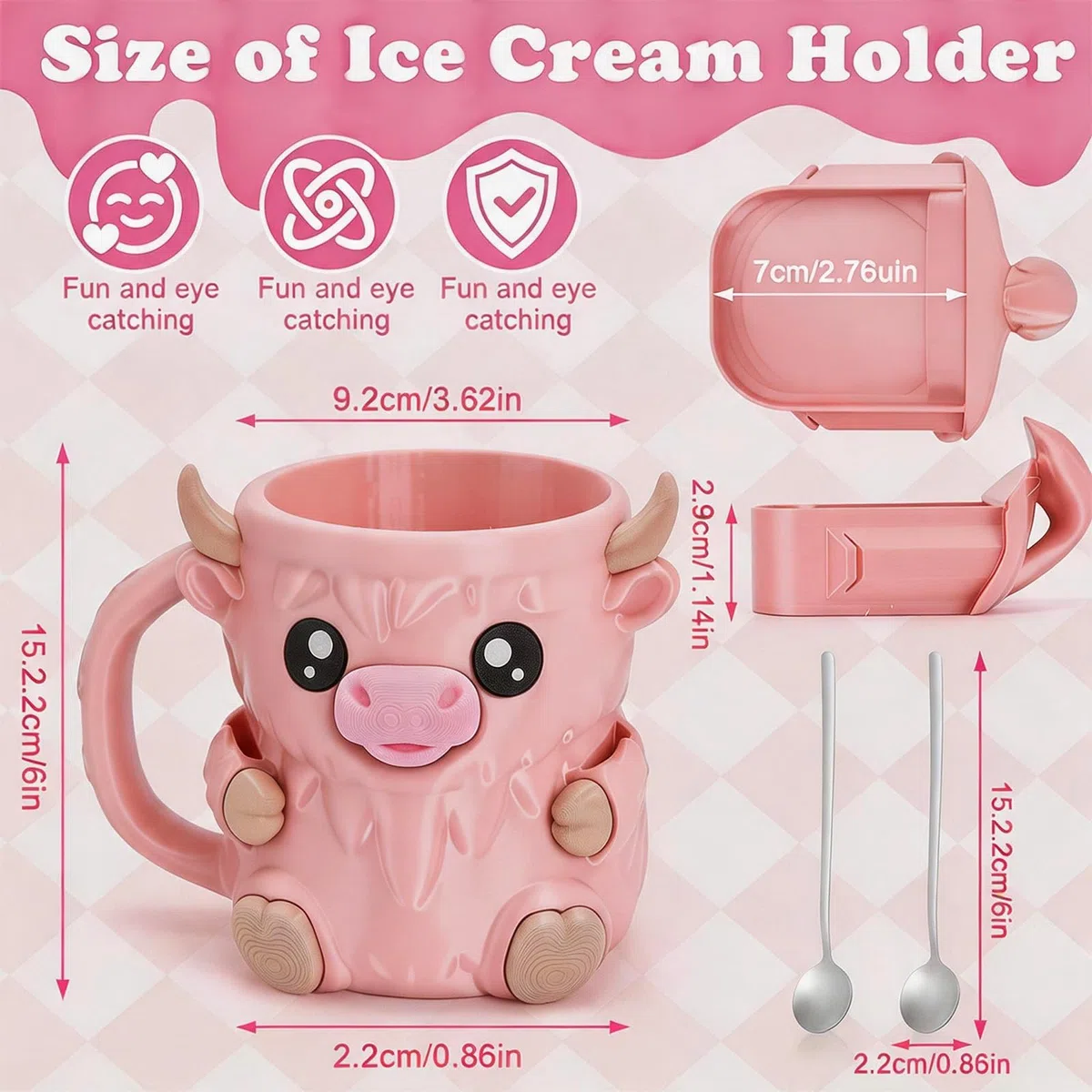 Porta gelato, con manico, a forma di mucca delle Highland, con manico, a prova di perdite, per amanti delle mucche delle Highland (rosa)