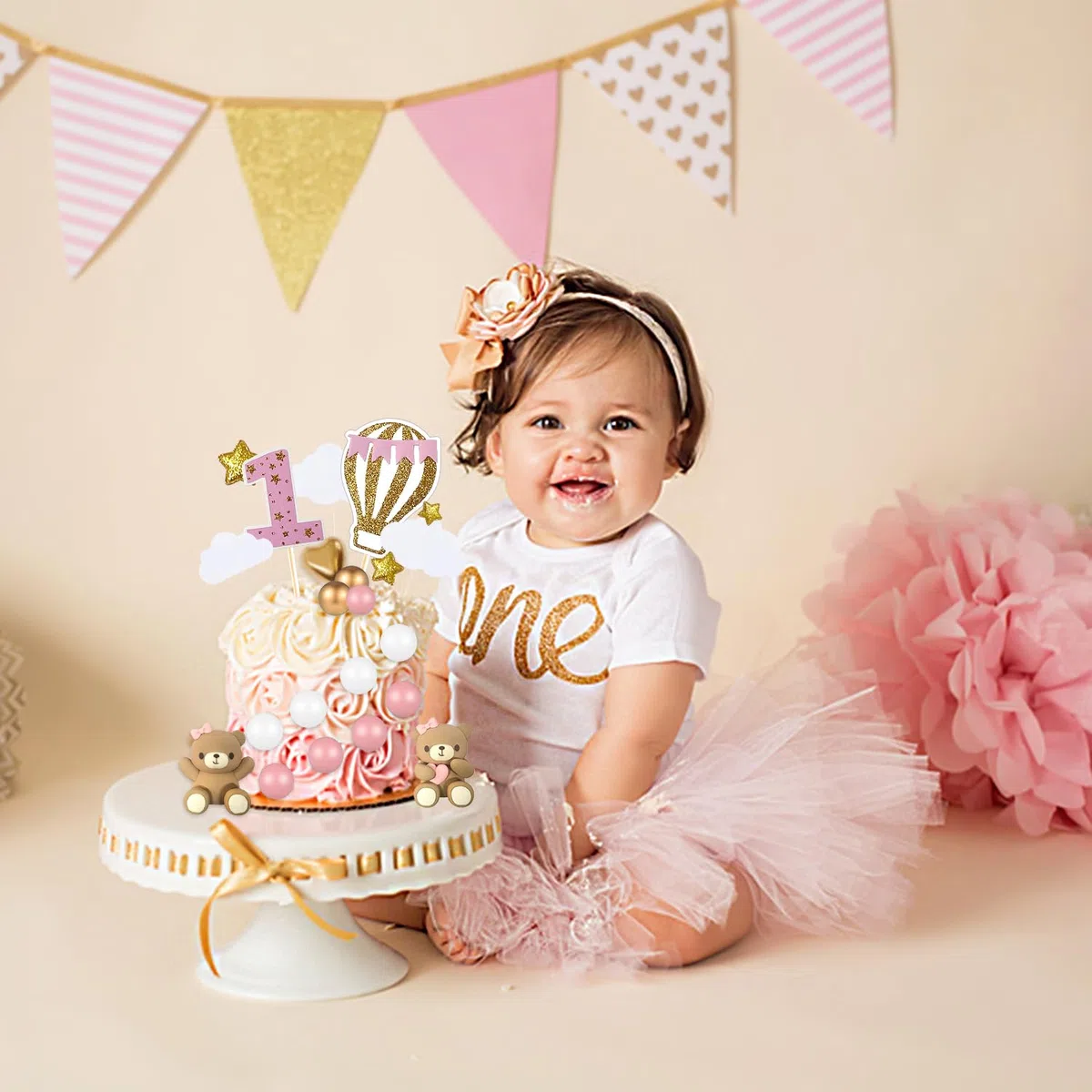 49 Pezzi Topper per Torta Rosa Set, Topper per Torta per il 1anno Compleanno Della Ragazza, Decorazione per Torte con Orsacchiotto per Matrimoni, Baby Shower e Feste di Compleanno