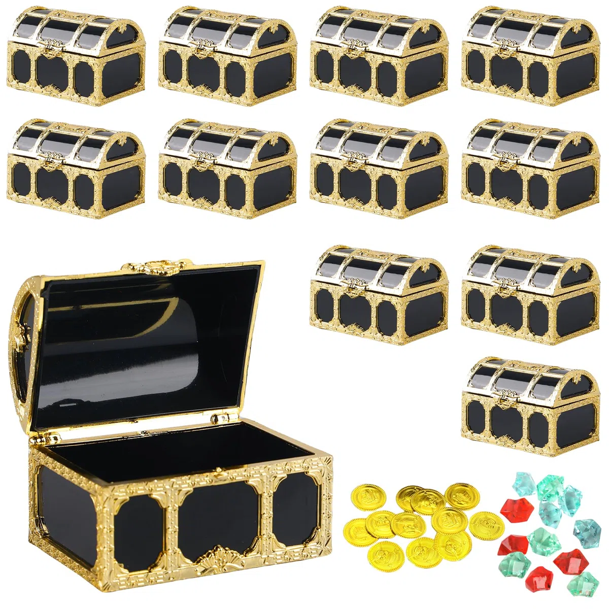12 mini scrigno del tesoro dei pirati: piccolo scrigno del tesoro in plastica con 12 monete d'oro e 12 pietre preziose, scrigno del tesoro per feste dei pirati, decorazione 7,5 x 5,2 x 5 cm
